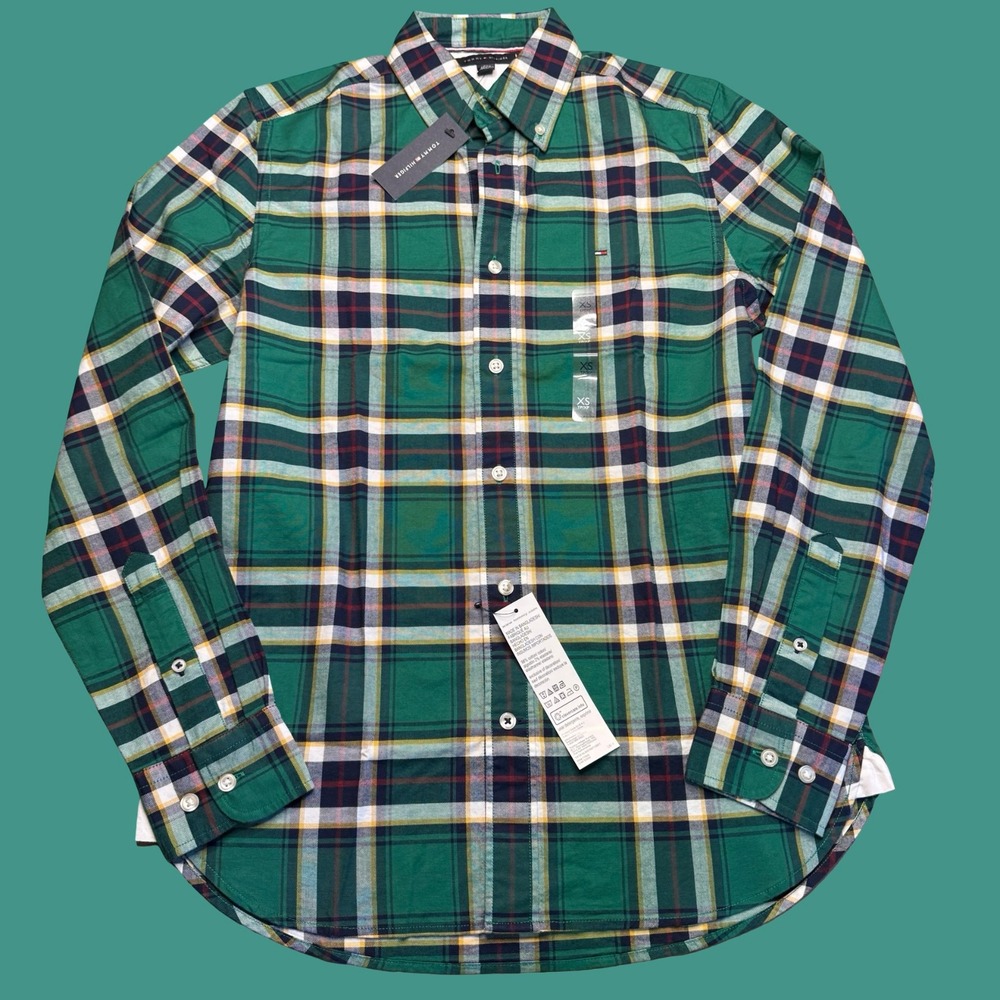 New Tommy Hilfiger Button Down Shirt XS Green Plaid Preppy Classic NWT